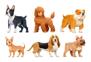 Çizgi film tarzında farklı köpek türleri. Boston Teriyeri, Kaniş, Bulldog, Chihuahua, Basset Hound, Fransız Bulldog vektör çizimi