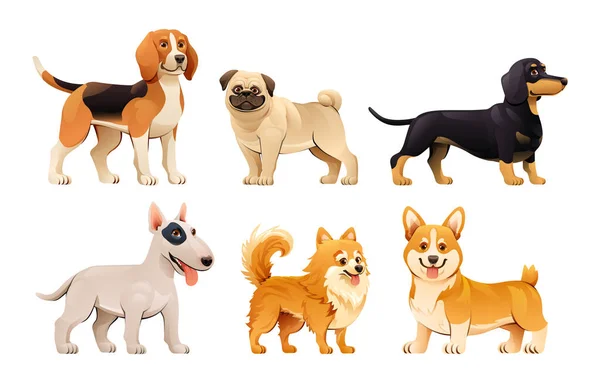 Набор Различных Пород Собак Мультяшном Стиле Векторная Иллюстрация Бигля Мопса — стоковый вектор