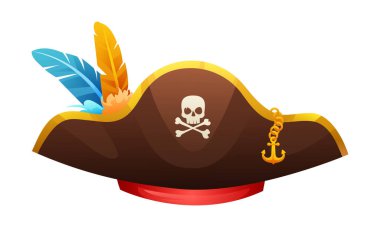 Kafatası, çapraz kemikleri ve tüyleri olan korsan şapkası.