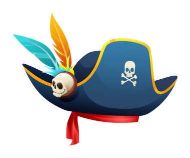 Kafatası, çapraz kemikleri ve tüyleri olan korsan şapkası beyaz arkaplanda izole edilmiş vektör çizimi