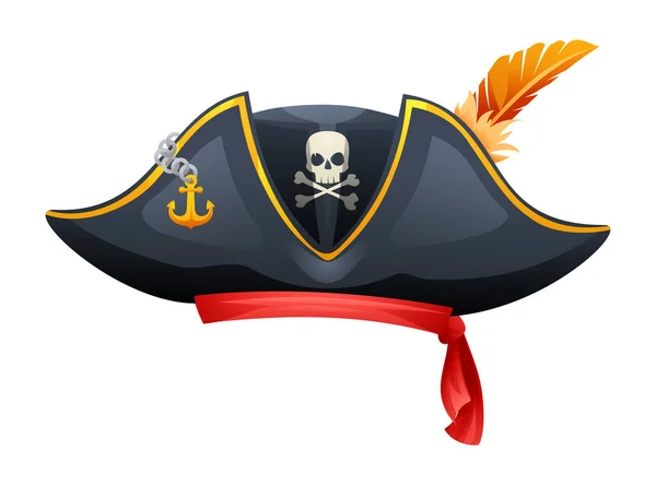 Sombrero Pirata Con Ilustración Cráneo Huesos Cruzados Ancla Vector Plumas — Archivo Imágenes Vectoriales