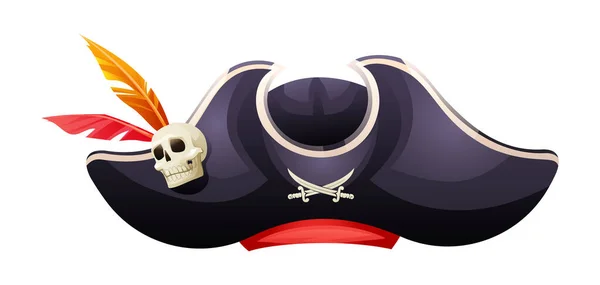 Sombrero Pirata Con Cráneo Espadas Cruzadas Plumas Ilustración Dibujos Animados — Archivo Imágenes Vectoriales