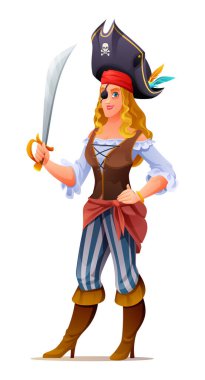 Kılıç tutan bir kadın korsan. Karakter tasarımı illüstrasyonu