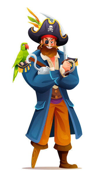Pirate holding a sword with a parrot perched on shoulder. Cartoon character design illustration