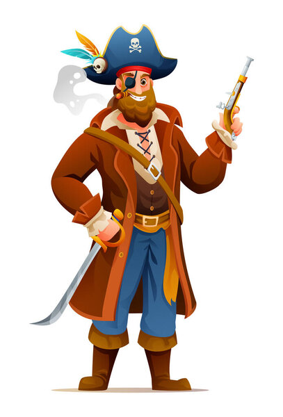 Pirate holding a pistol and sword. Cartoon character design illustration