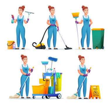 Farklı ekipmanlarla temizlikçi kadın seti. Kadın hademe çizgi film karakteri