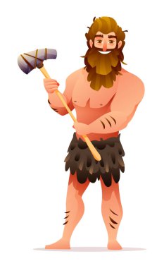 İlkel insan karakteri. Tarih öncesi taş devri mağara adamı elinde bir silah karikatürü çizimi tutuyor.