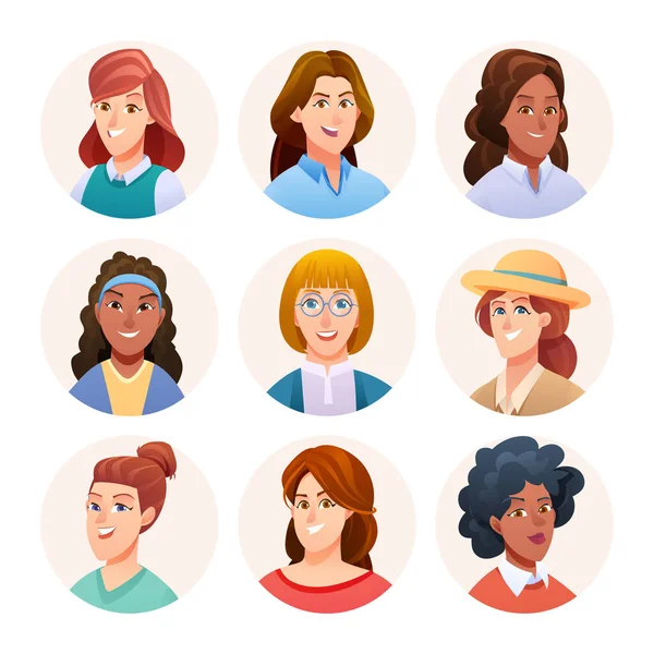 Conjunto Mulheres Avatar Personagens Avatares Femininos Estilo Cartoon — Vetor de Stock