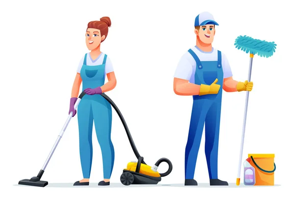 清掃作業員の男性と女性のキャラクター プロの清掃スタッフ 清掃員漫画のキャラクター — ストックベクタ