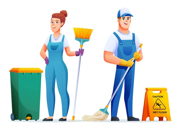 Set Cleaning Service Man Woman Characters Professional Cleaning Staff Cartoon — Stock Vector