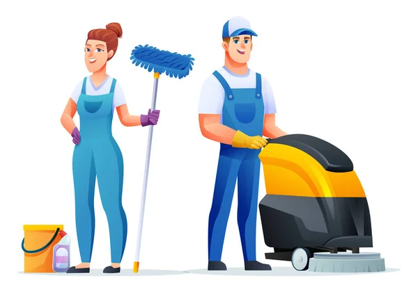 掃除労働者の男と女性の文字のセット プロの掃除スタッフ漫画のキャラクター — ストックベクタ