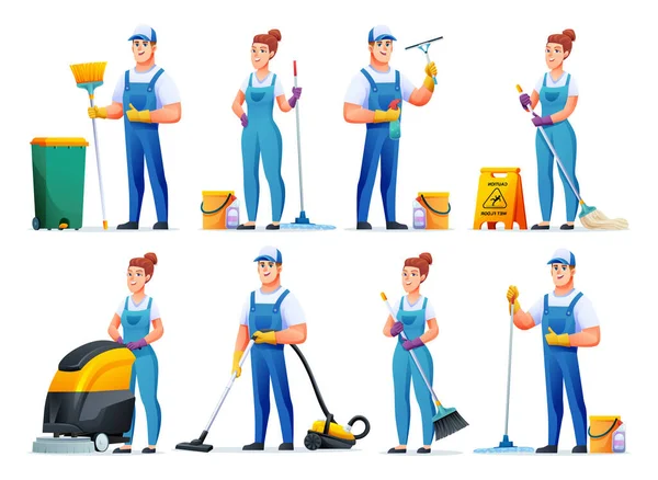 Conjunto Trabalhadores Limpeza Com Equipamento Pessoal Limpeza Profissional Personagens Desenhos —  Vetores de Stock