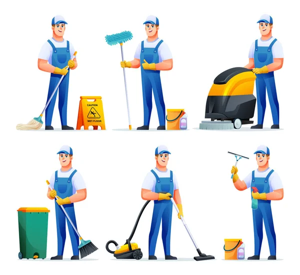 Set Cleaning Service Man Different Equipment Male Housekeeper Cartoon Character — Stock Vector