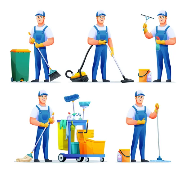 Set Cleaning Service Man Different Equipment Male Janitor Cartoon Character — Stock Vector