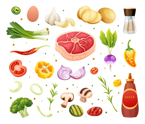 Conjunto Carne Verduras Hierbas Ilustración Alimentos Saludables Ingredientes Vector Dibujos — Archivo Imágenes Vectoriales