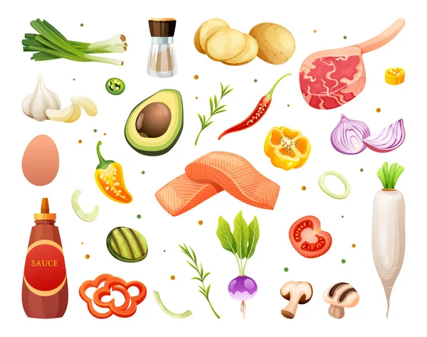Набор Свежего Мяса Овощей Трав Иллюстрации Векторная Карикатура Здоровые Продукты — стоковый вектор