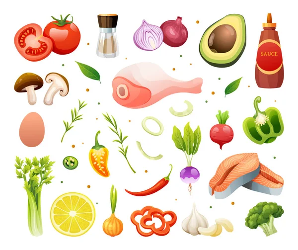 Świeże Mięso Warzywa Zioła Ilustracja Zestaw Zdrowe Składniki Żywności Wektor — Wektor stockowy