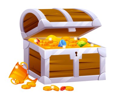 Altın sikke ve değerli taş karikatür resimli hazine sandığı.