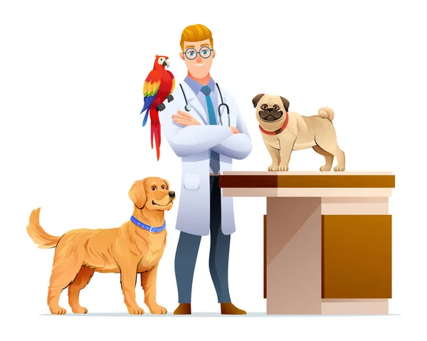 Vétérinaire Avec Des Chiens Oiseau Perroquet Illustration Dessin Animé — Image vectorielle