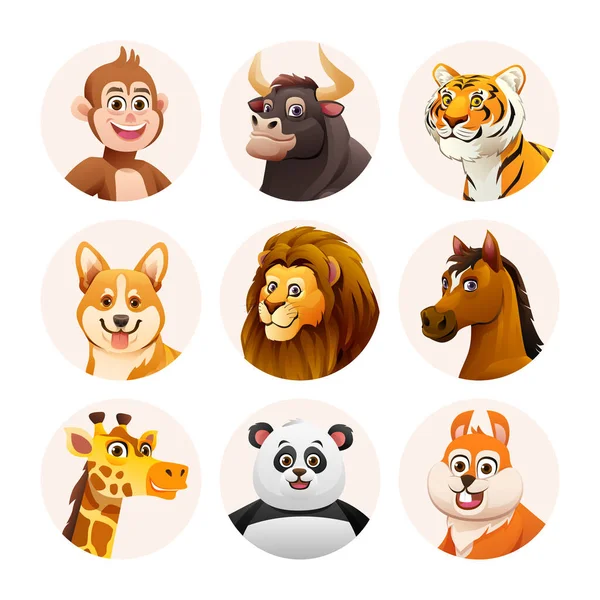 动物阿凡达字符集合 卡通风格的可爱的动物脸 — 图库矢量图片