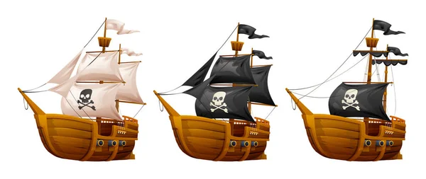 Tecknad Trä Pirat Fartyg Illustration Set Isolerad Vit Bakgrund — Stock vektor