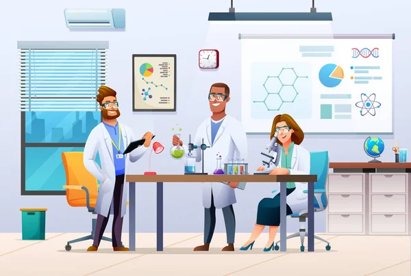 Group Scientists Conducting Experiments Science Laboratory Male Female Scientists Doing — Stock Vector