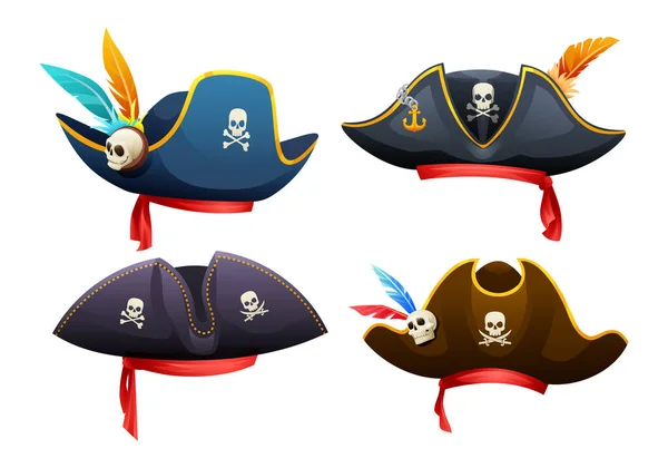 Collection Pirate Hats Skull Crossbones Feathers Cartoon Illustration — Stock Vector