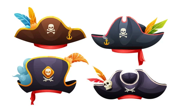 頭蓋骨 クロスボーン 羽毛の漫画イラスト付きのさまざまな海賊帽子のセット — ストックベクタ
