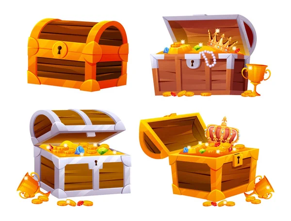 stock vector Set of treasure chests with gold coins, necklace, crown and gemstones cartoon illustration