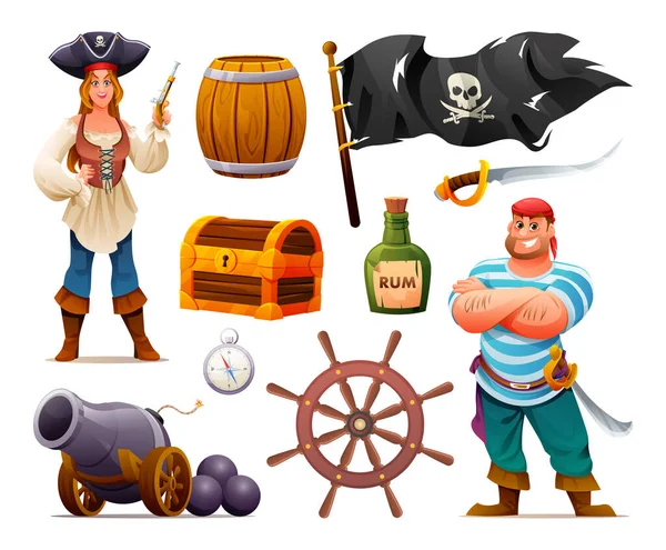 Набор Пиратских Персонажей Пушки Бочки Сундук Сокровищами Корабль Векторная Иллюстрация — стоковый вектор