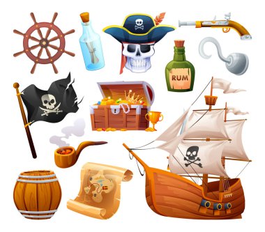 Beyaz arkaplanda izole edilmiş korsan nesneler karikatür çizimi