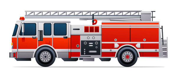 Red fire truck vector illustration. Emergency rescue truck side view isolated on white background