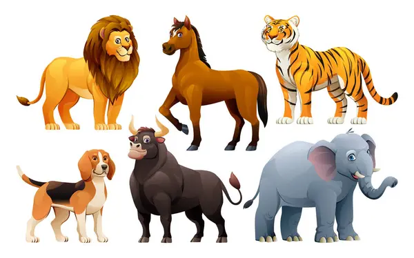 Conjunto Animales Vector Ilustración Dibujos Animados León Caballo Tigre Perro — Vector de stock