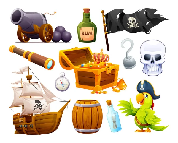 stock vector Set of pirate objects vector cartoon illustration isolated on white background
