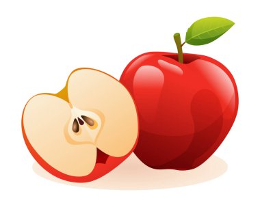 Elmalar tam ve yarım kesilmiş. Beyaz arkaplanda meyve vektörü çizimi izole edildi