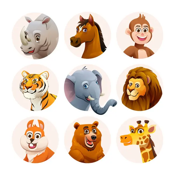 Juego Personajes Avatar Animal Caras Animales Lindos Estilo Dibujos Animados — Vector de stock