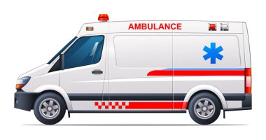 Ambulans arabası yan görüntü vektör çizimi. Acil tıbbi servis aracı beyaz arka planda izole edildi