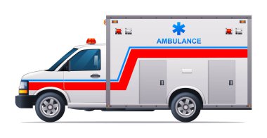 Ambulans acil durum araba vektör çizimi. Tıbbi araç yan görünümü beyaz arkaplanda izole edildi
