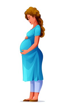 Karnını tutan hamile bir kadın, bebek bekliyor. Vektör çizgi film illüstrasyonu