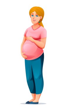 Hamile bir kadın karnına sarılıyor. Vektör karikatür çizimi beyaz arkaplanda izole edildi