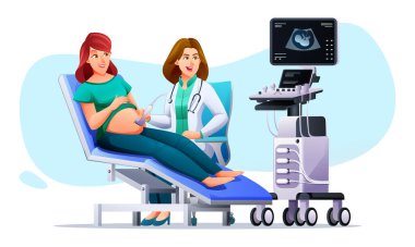 Hamile kadının ultrasonu klinikte yapılıyor. Doktordan düzenli olarak hamilelik kontrolü. Vektör çizgi film karakteri çizimi
