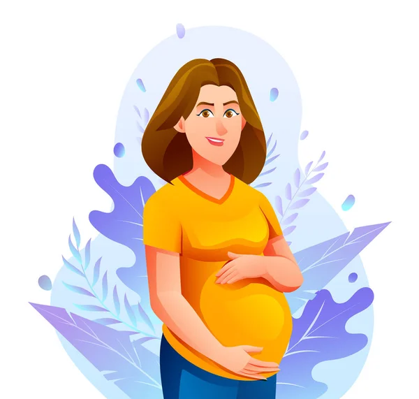 幸せな妊娠中の女性は自然な葉の背景で彼女の腹を抱きしめます 妊娠コンセプト ベクター漫画イラスト — ストックベクタ