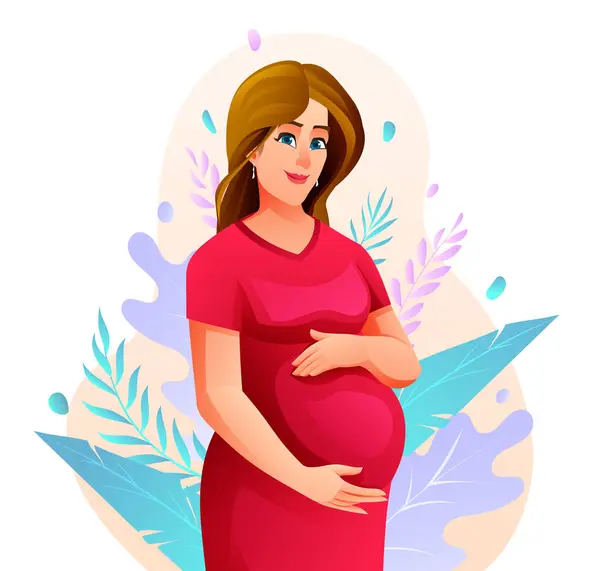 Беременная Женщина Обнимающая Живот Природой Оставляет Фон Концептуальная Векторная Иллюстрация — стоковый вектор