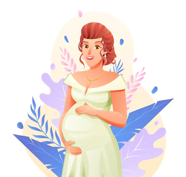 Pregnant Woman Hugging Her Belly Natural Background Leaves Pregnancy Concept — Stock Vector