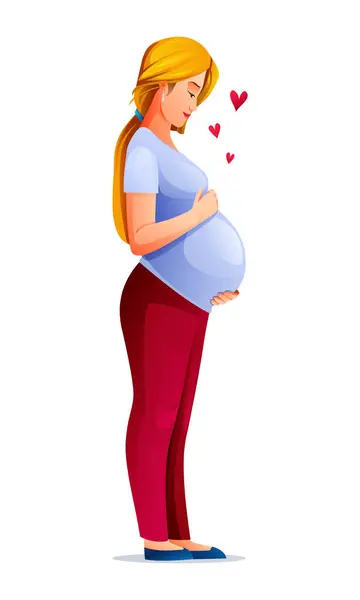 妊娠中の女性が腹を抱きしめ 赤ちゃんを待っています 白い背景に隔離されたベクトル漫画イラスト — ストックベクタ