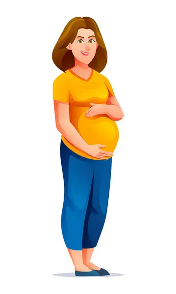 Happy Pregnant Woman Hugging Her Belly Vector Cartoon Illustration Isolated — Stock Vector