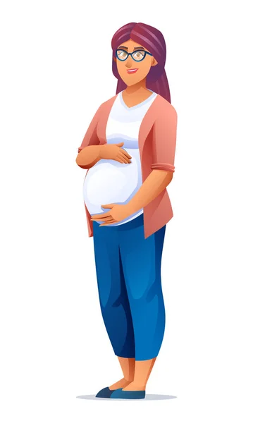 Glad Gravid Kvinna Som Håller Magen Vektor Tecknad Illustration — Stock vektor