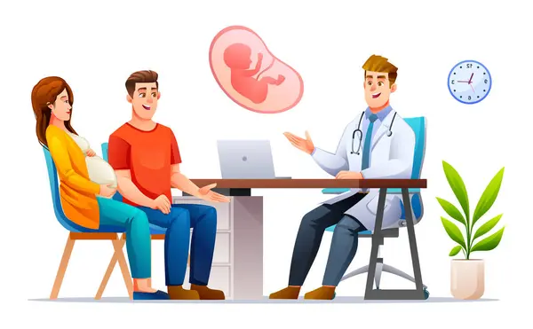 Erkek Kadın Çiftler Doktorlara Hamilelik Danışmanlığı Yapıyor Hamilelik Konsepti Illüstrasyonunda — Stok Vektör