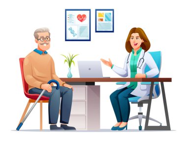 Yaşlı hasta hastanede kadın doktorla görüşüyor. Klinikte tıbbi danışmanlık. Vektör çizgi film karakteri çizimi