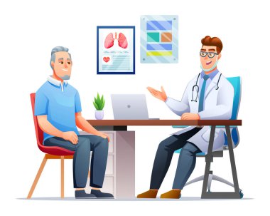 Hastanedeki kadın doktorla görüşen kıdemli bir hasta. Tıbbi danışmanlık konsepti. Vektör çizgi film karakteri çizimi